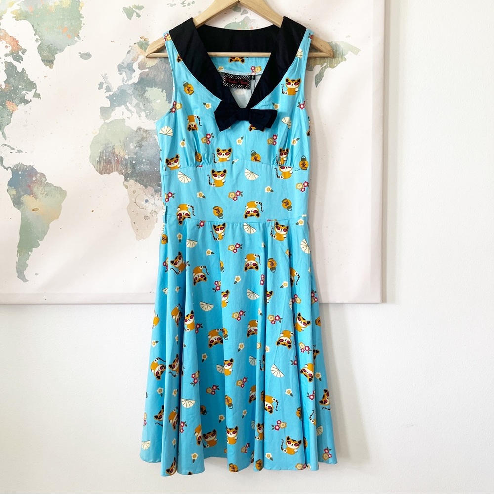 Voodoo Vixen Dress Swing Chinese Love Cats Small Vintage Inspired Blue Pinup NWT